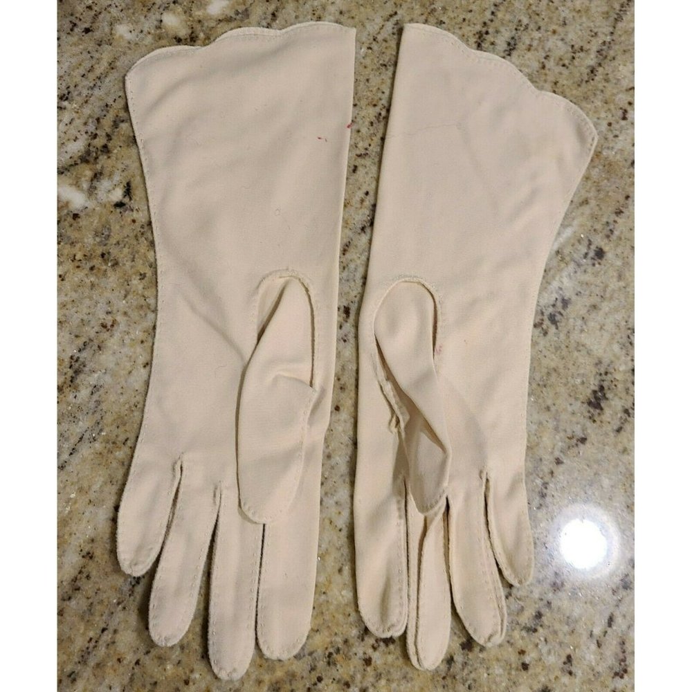Vtg Nylon Stretch 11.5" Formal Beige Gloves. Women's Sz 6 Medium Embroidered - Picture 6 of 12